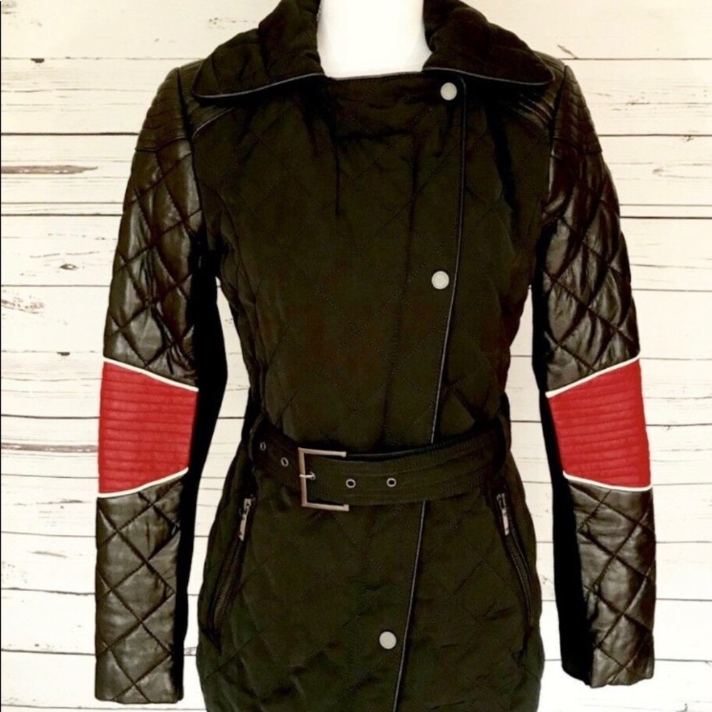 Bcbg quilted jacket with leather sleeves